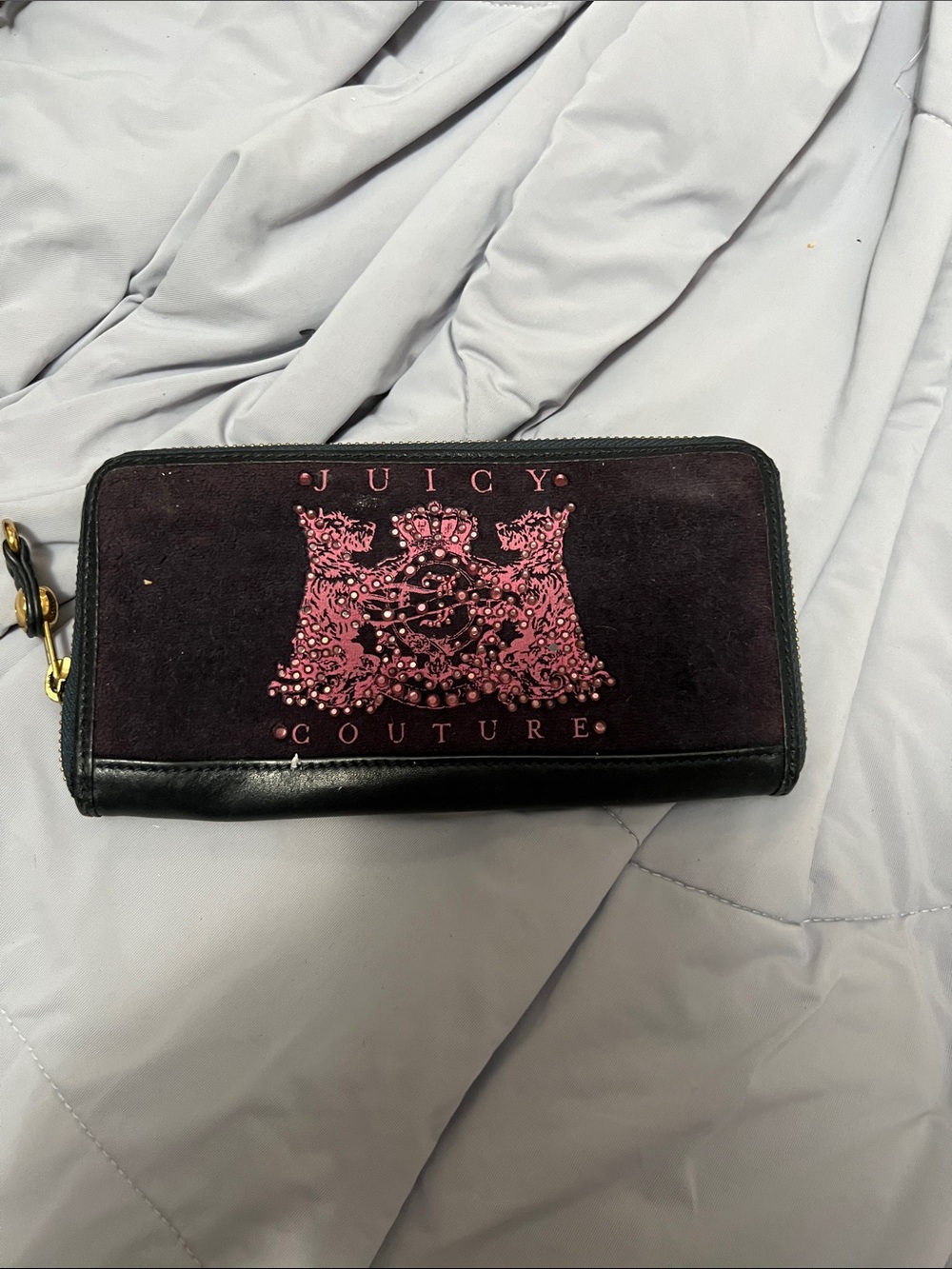 Juicy Couture Black and Deep Purple Zip Wallet with Pink Crest